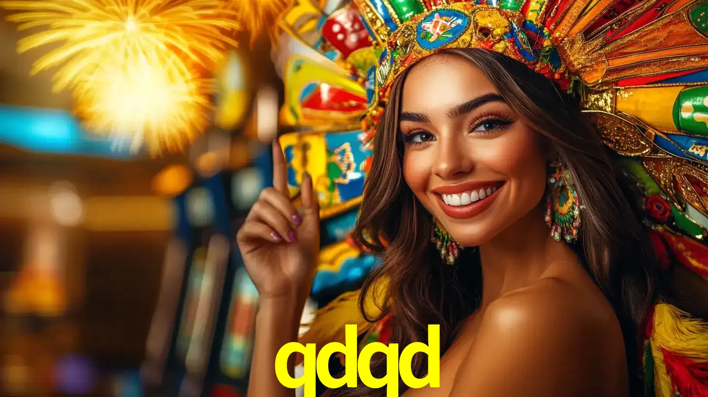 Mulher sorridente com um cocar de carnaval vibrante e colorido, celebrando uma grande vitória nos jogos do cassino qdqd com fogos de artifício ao fundo.